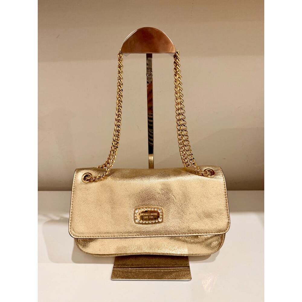 Michael Kors Jet Set Chain Strap Metallic Leather Shoulder Flap Clutch Bag Gold - Picture 1 of 11